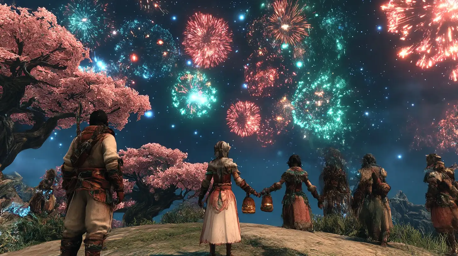 Monster Hunter Wilds: Your Blooming Guide To The Limited Time Festival Of Accord Blossomdance! | Epiccarry Hunter Equipped In Sakuratide Armor Next To Blossom Fireworks