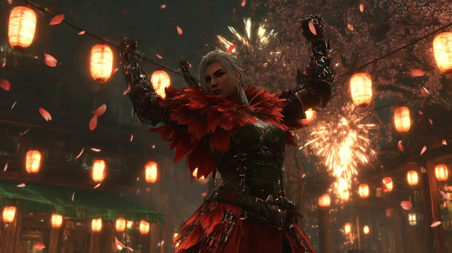Monster Hunter Wilds: Your Blooming Guide To The Limited Time Festival Of Accord Blossomdance! | Epiccarry Hunter In Full Sakuratide Armor Set Striking A Pose In The Gathering Hub